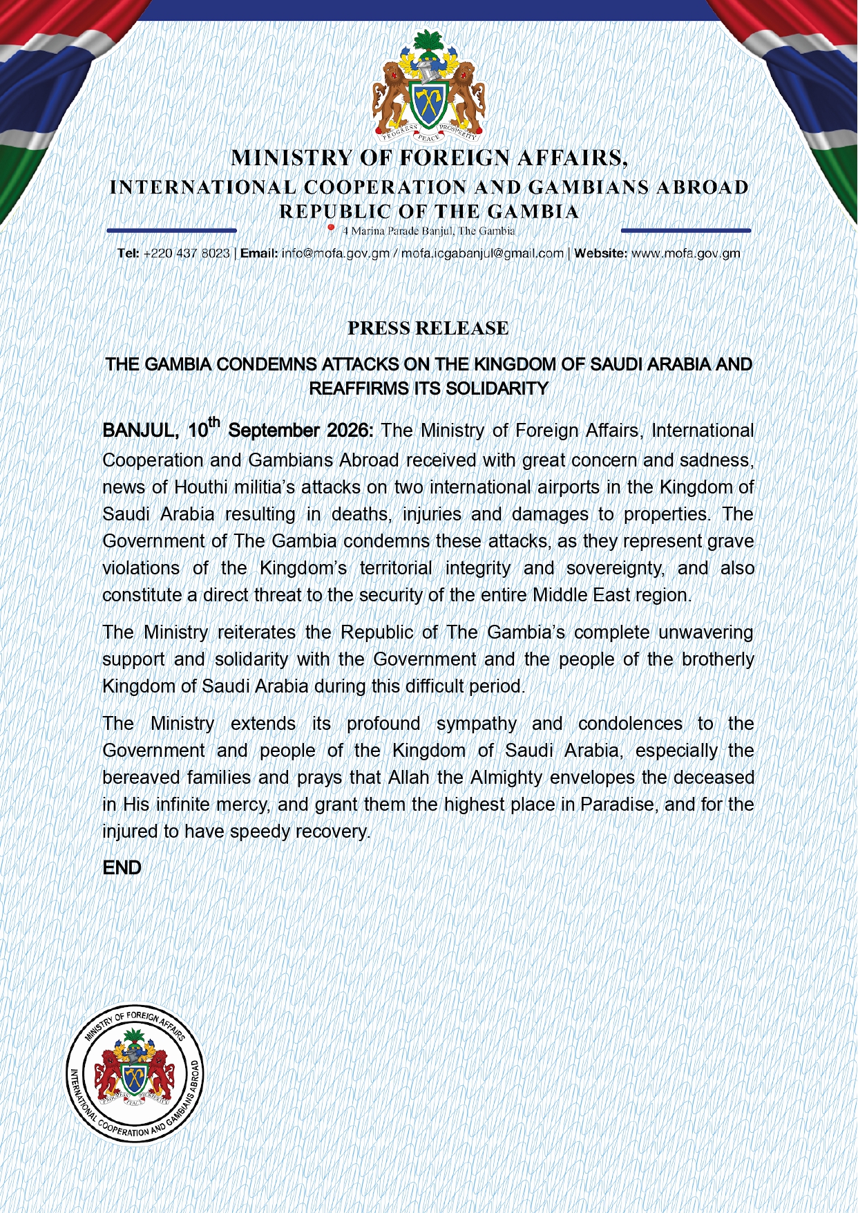 THE GAMBIA CONDEMNS ATTACKS ON THE KINGDOM OF SAUDI ARABIA AND REAFFIRMS ITS SOLIDARITY